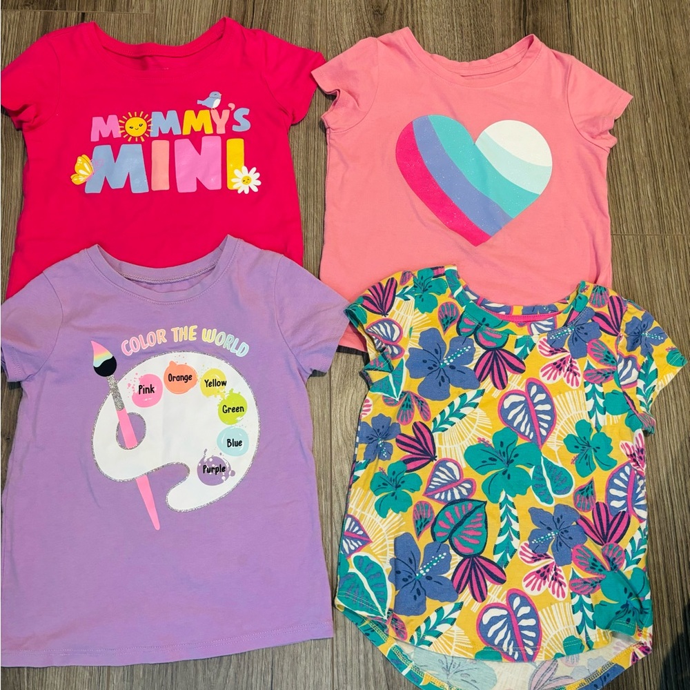 Lot of 4 toddler girls 4T graphic tees play condition pink Purple Heart rainbow